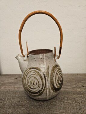 Japanese Studio Pottery Teapot Kyusu Bamboo Handle Glazed Ceramic Signed Stamped